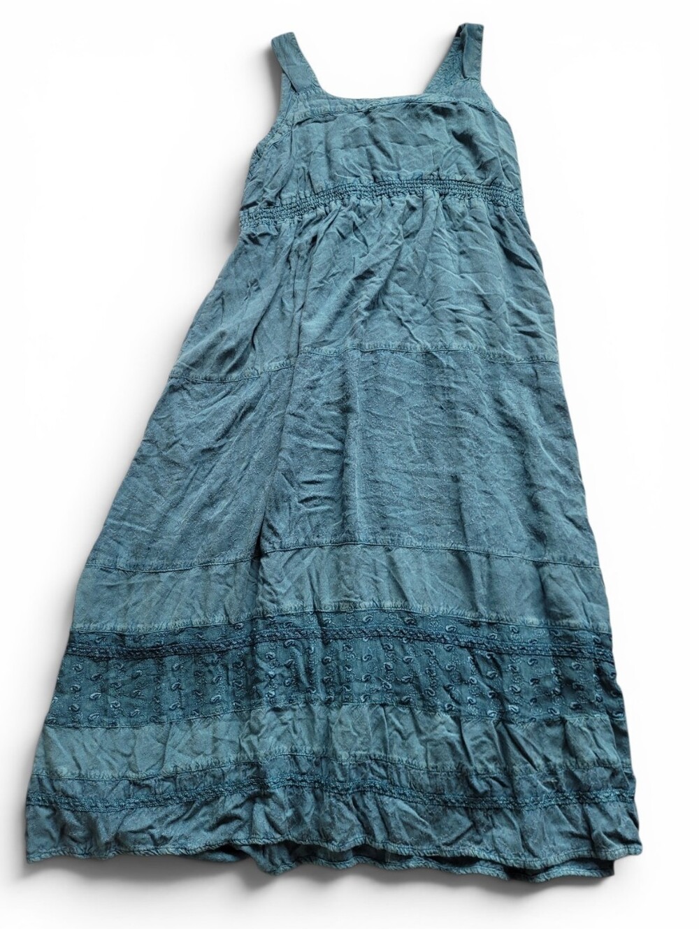 Vintage Coline Embroidered Tiered Boho Maxi Dress Teal Paisley French Large - Picture 4 of 14